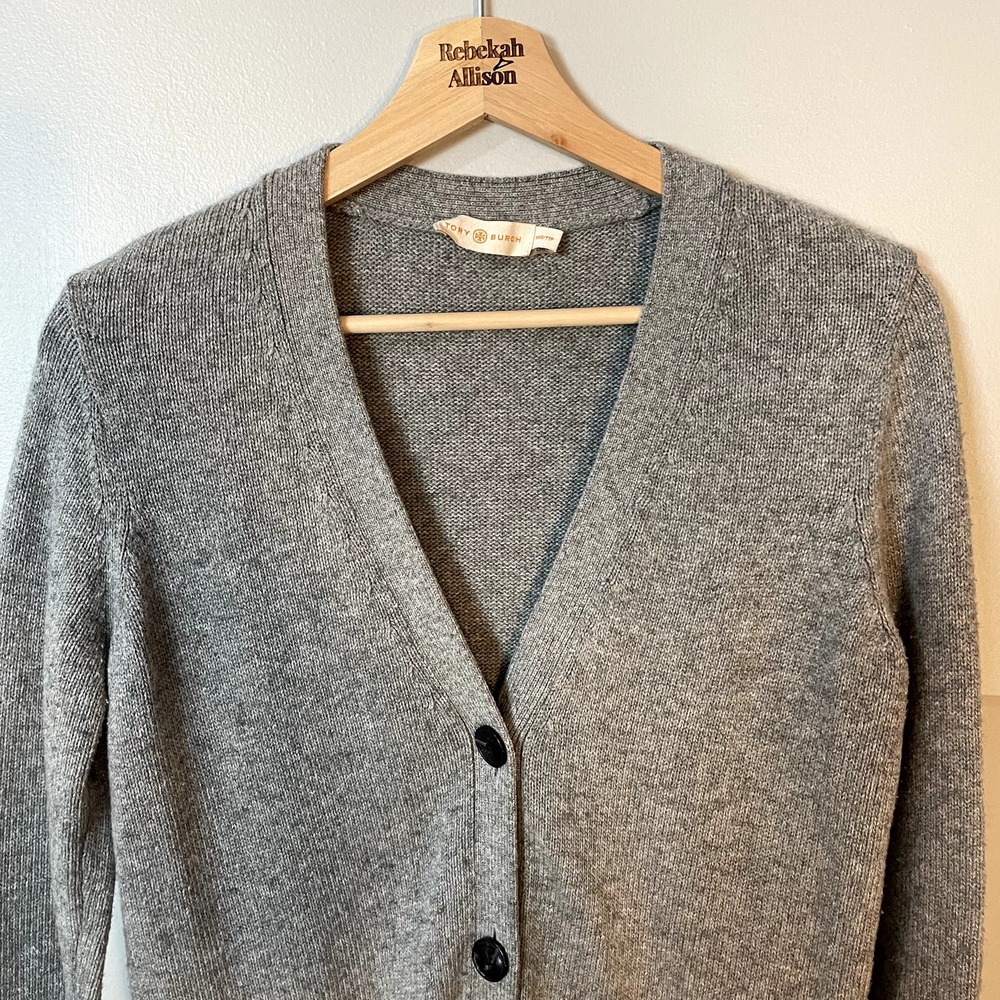 Tory Burch Wool & Cashmere Blend V-Neck Cardigan Sweater in Gray Size XXS - Picture 2 of 13